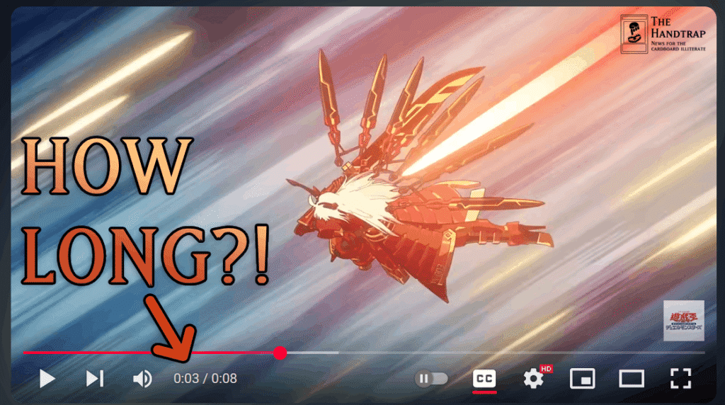 Screenshot of a YouTube video player, showing a still from the Yugioh Animation Chronicle of Sky Striker Ace - Kagari. There is text saying "How Long?!" and an arrow pointing to the video duration of 3 seconds out of 8 total.
