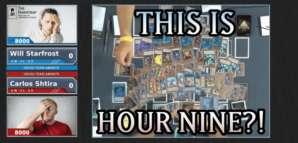 Yugioh tournament stream, with both players clearly tired on webcams, with an absurd number of tearlament cards on the table