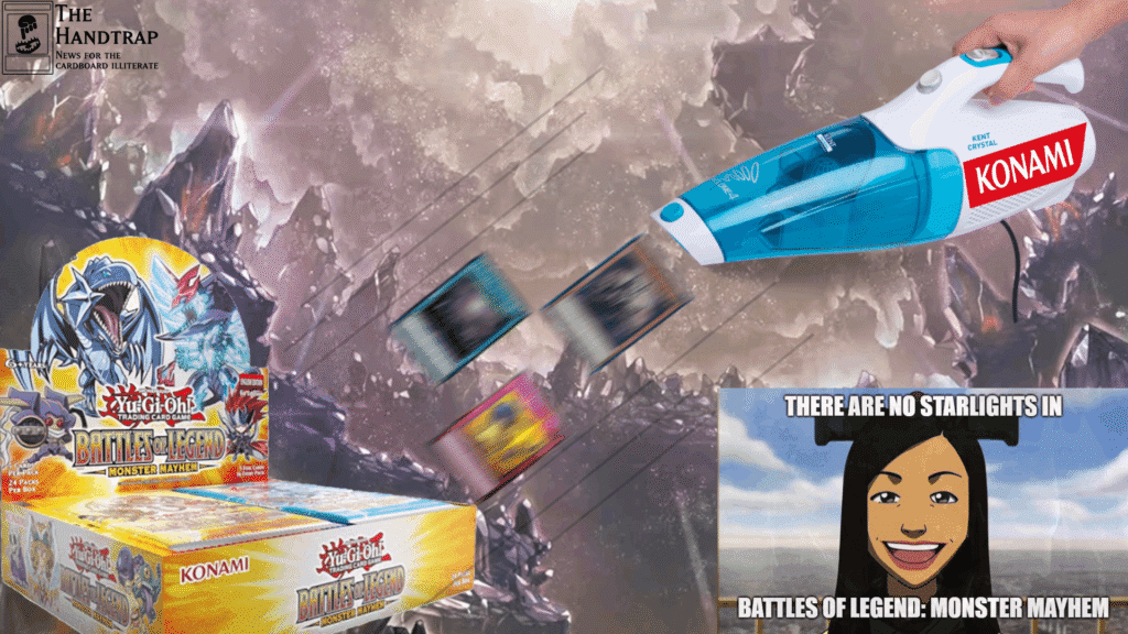 Handheld vacuum cleaner over a Battles of Legend: Monster Mayhem set, sucking in Primite and Starlight Rare cards