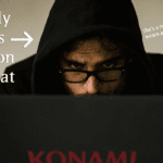 Man in a hood sitting in front of a Konami branded logo. Text reading "Really hates Edison format" and an arrow pointing to the man.